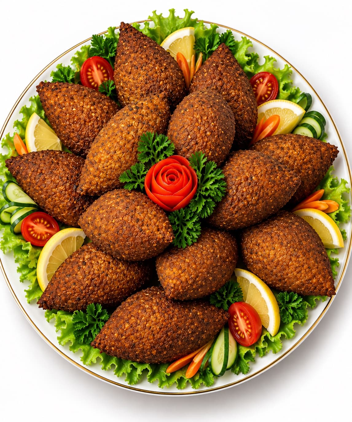 Golden kibi arranged on a gold-rimmed platter with fresh herbs, lemon, cucumber, and tomatoes.
