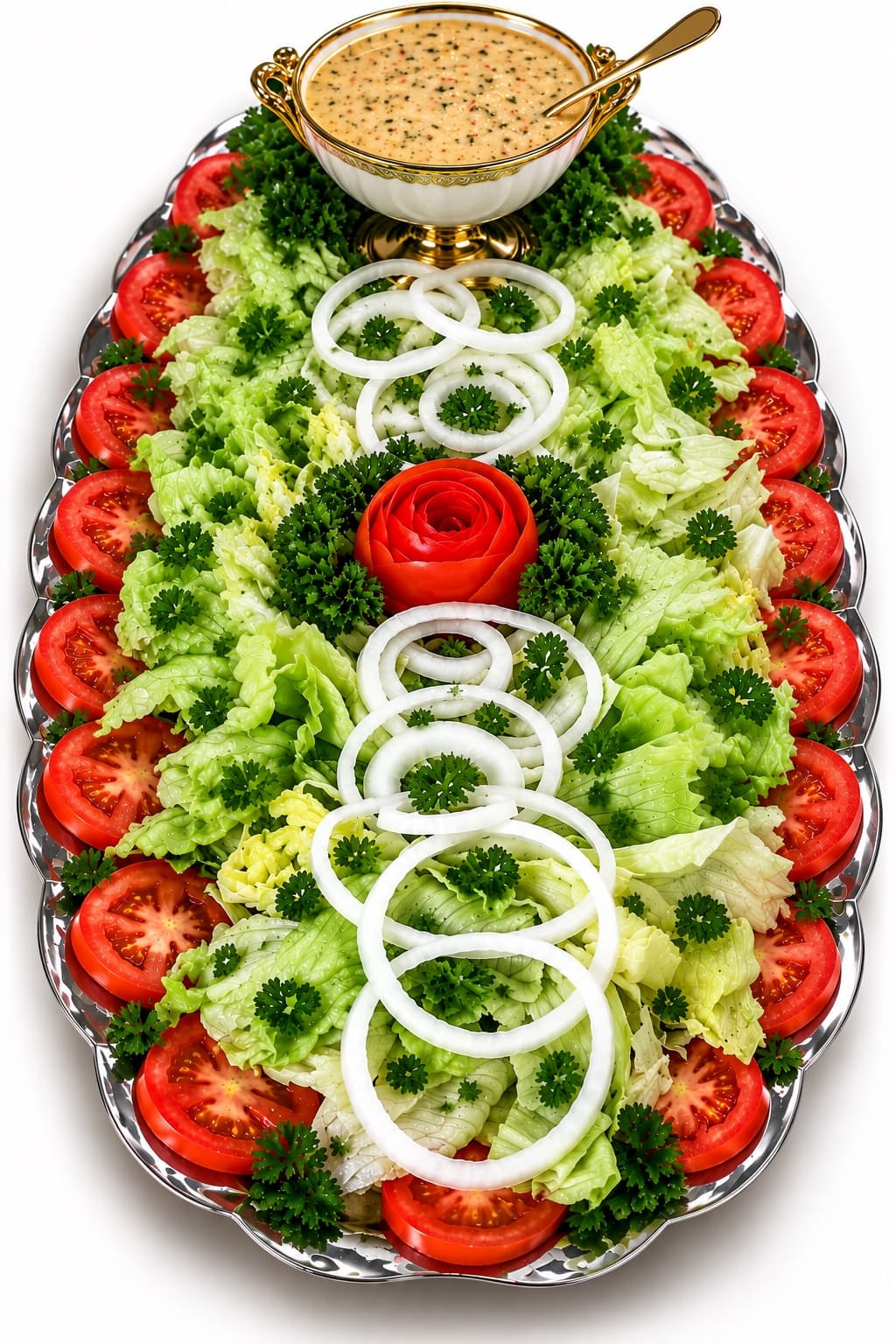 Garden salad with tomatoes, onion rings, parsley, and creamy dressing on an ornate serving platter.