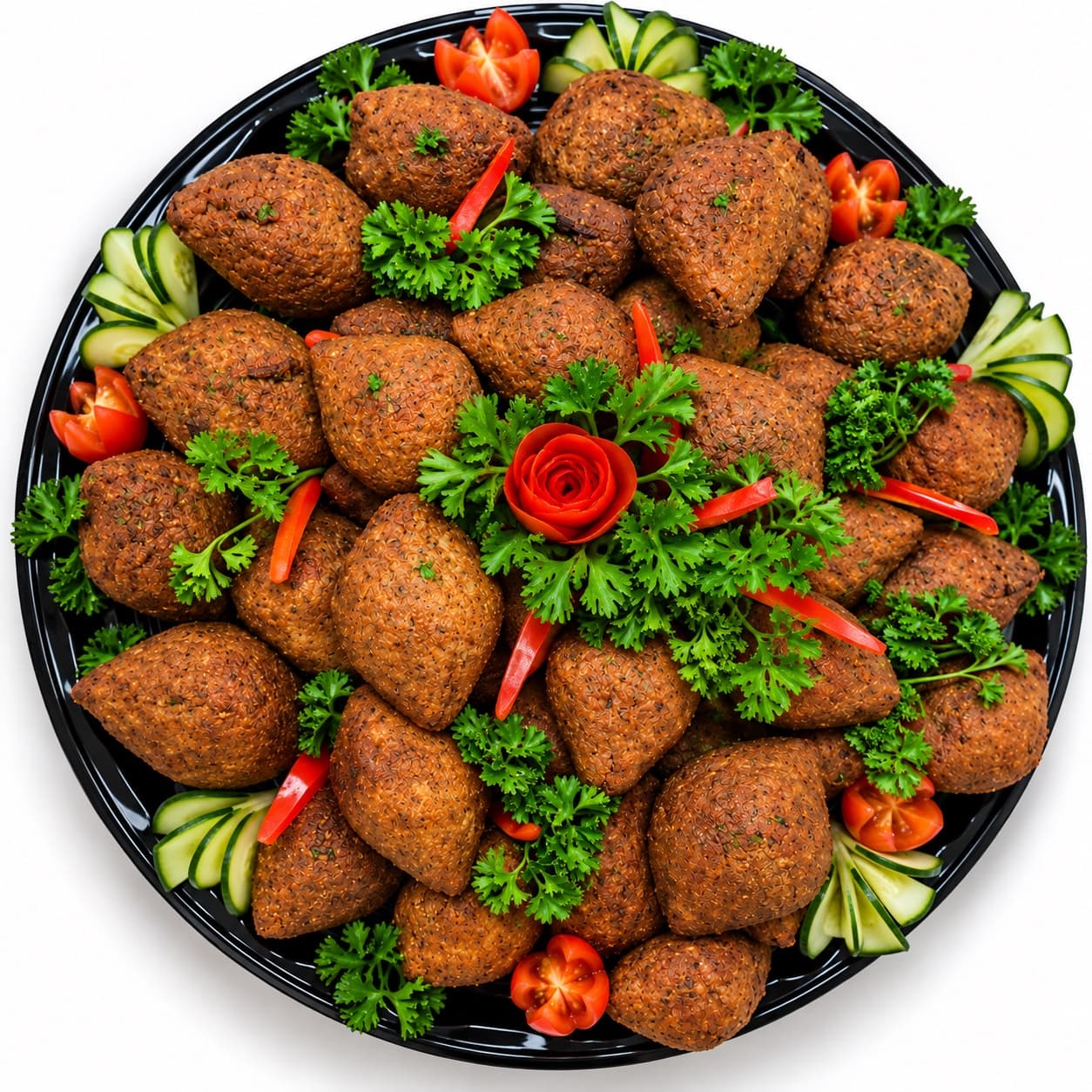 A black catering tray filled with crisp kibi and garnished with parsley, cucumber, tomatoes, and red pepper.