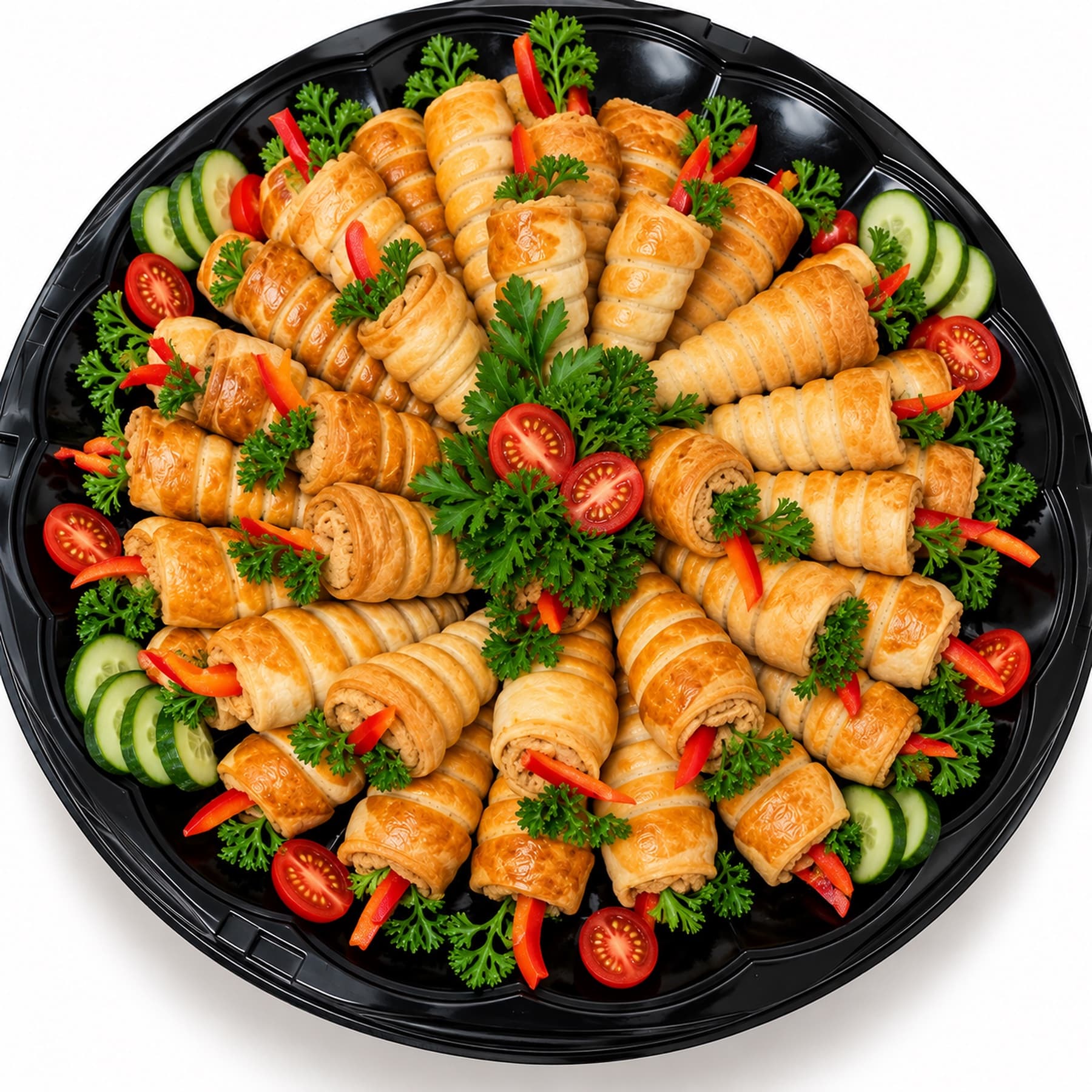A black catering tray of golden puff-pastry rolls garnished with parsley, cucumber, tomatoes, and red pepper.