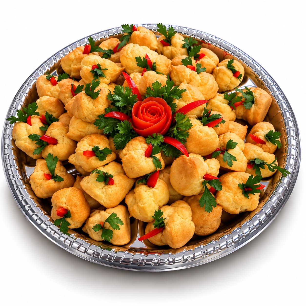 A silver catering tray piled with golden savory puffs and garnished with parsley and red pepper.