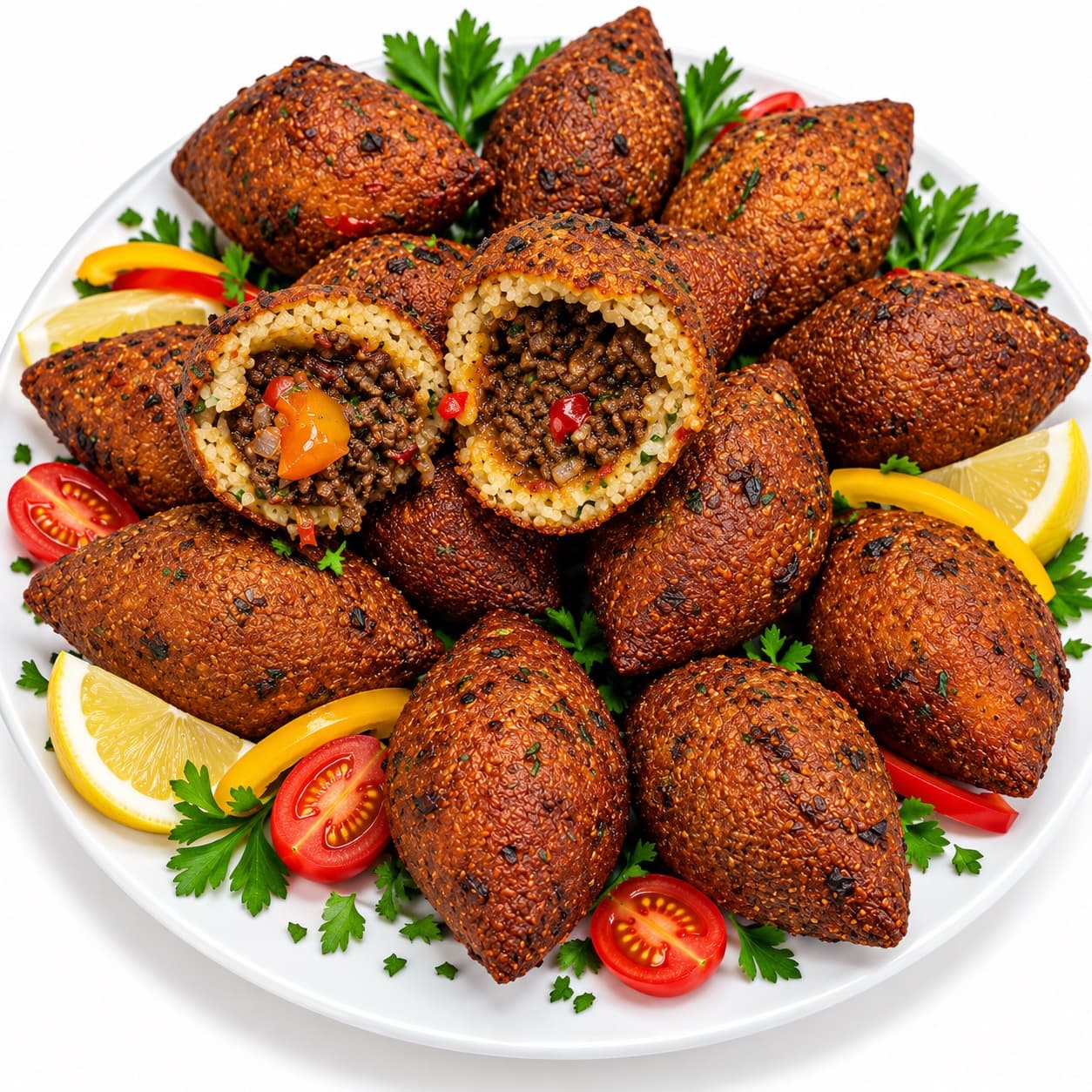 Golden-fried kibi on a white platter, with two pieces cut open to show the savory filling.