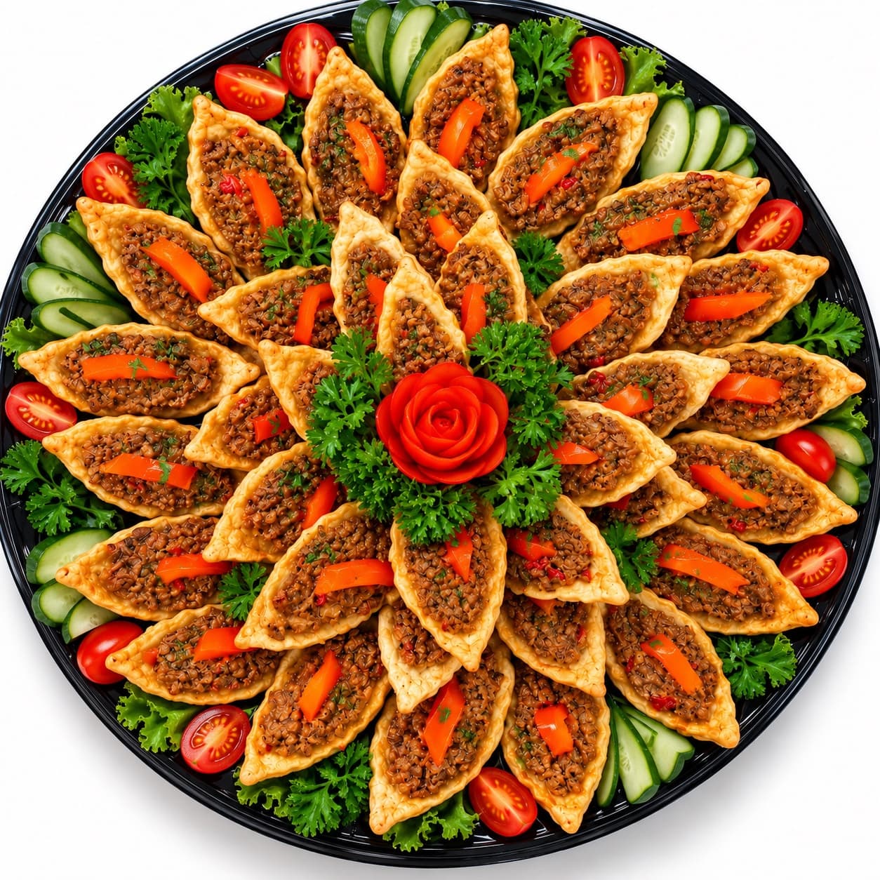 A black catering tray of open pastry boats with savory filling, arranged with parsley, cucumber, and tomatoes.